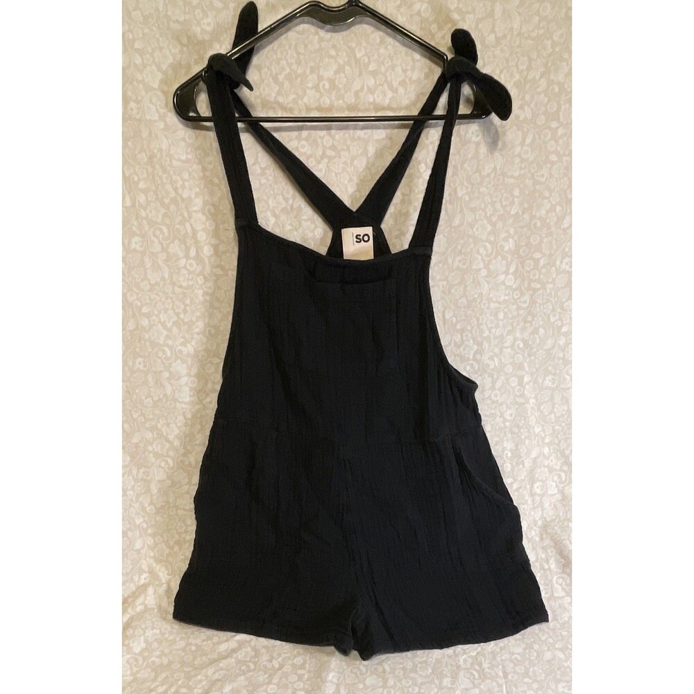 SO Black Cotton Romper with Front Pockets, Shoulder Ties Size Medium